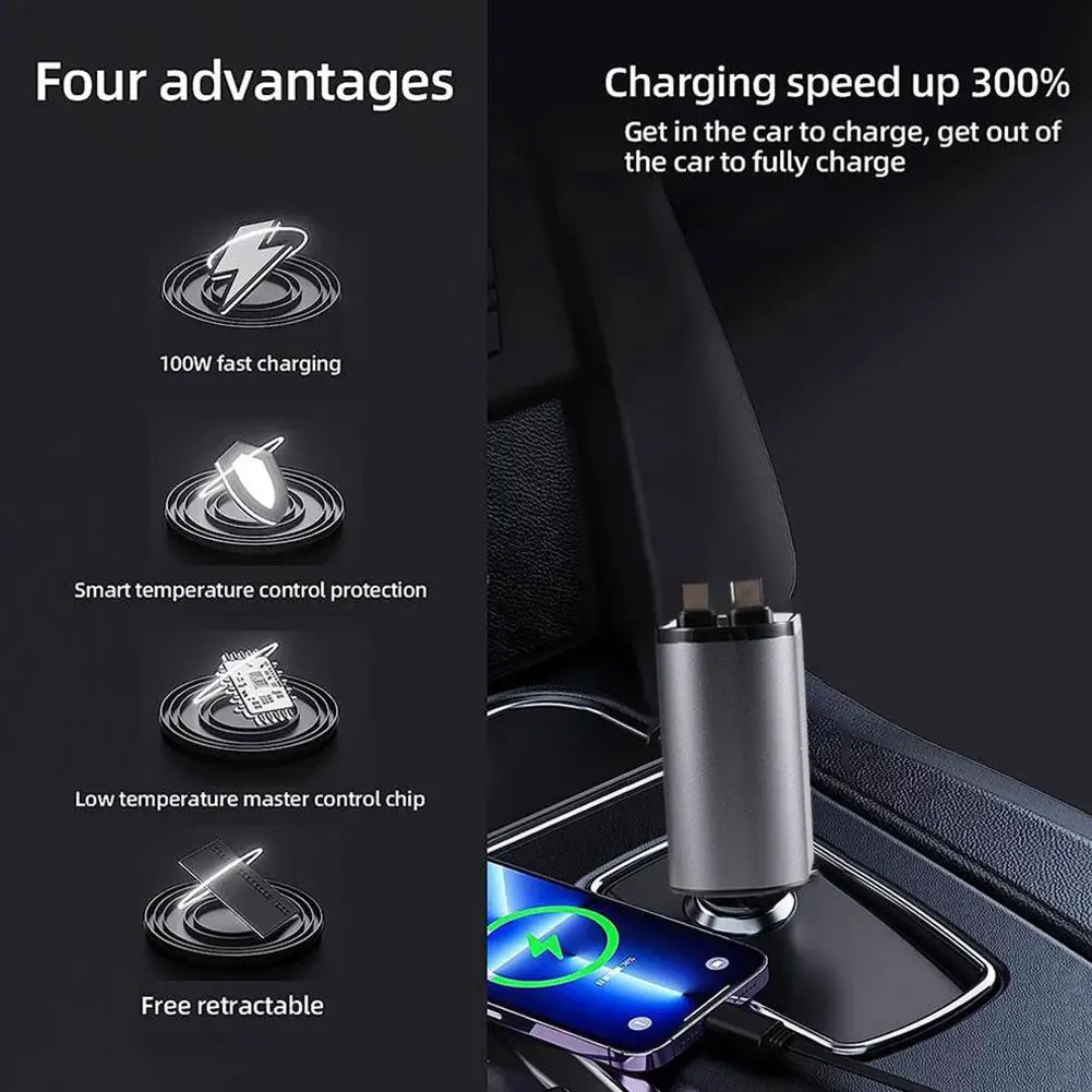 100 Вт Выдвижное Автомобильное зарядное устройство USB Type C, кабель для быстрой зарядки, шнур для прикуривателя, адаптер для зарядки QC3.0 + PD, автотовары