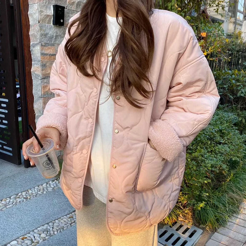 2021 Розовое зимнее пальто с длинным рукавом, женская модная свободная теплая куртка с V-образным вырезом, парки, женские корейские белые куртки с карманами, одежда из ягненка