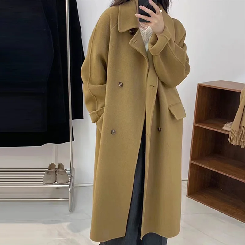 2023 Высококачественное кашемировое пальто Atmosphere 20 для женщин, длинное зимнее новое двубортное шерстяное пальто в корейском стиле