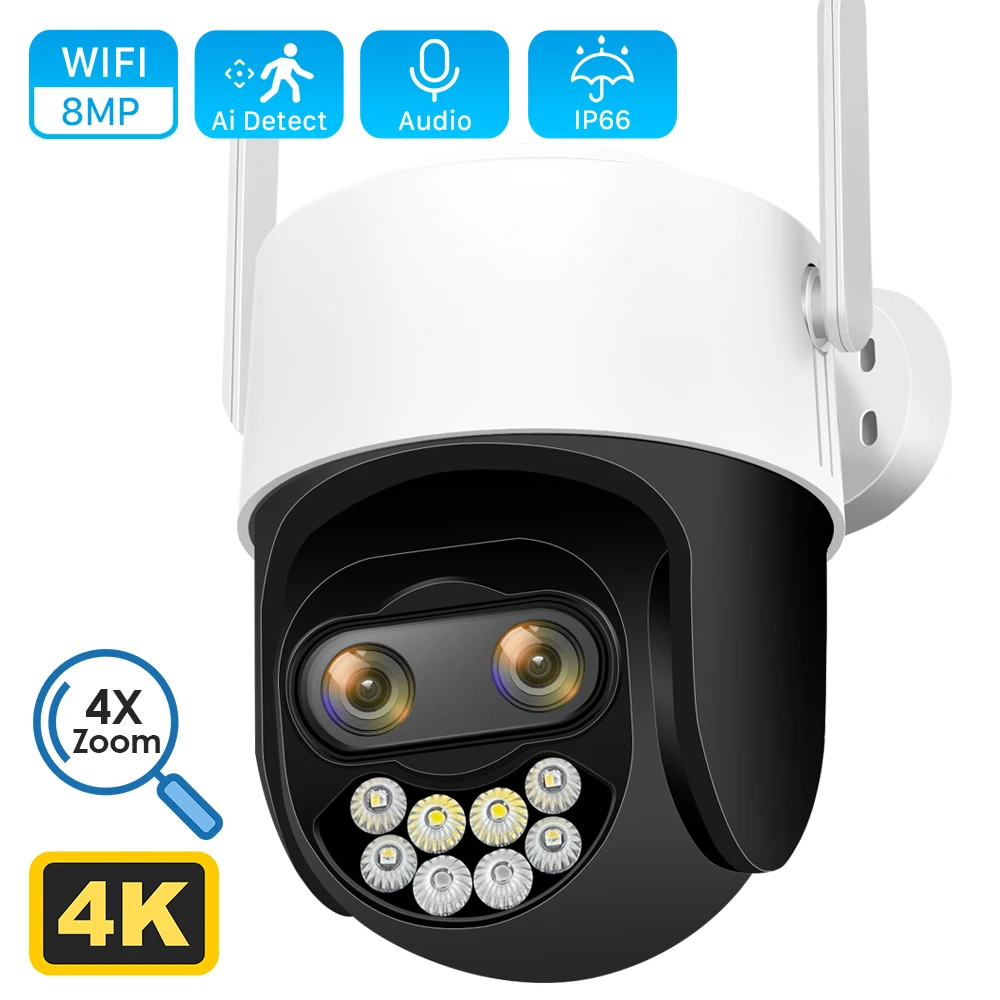 4K 8MP 2,8 + 12 мм Двухобъективная PTZ WiFi Камера с 8-кратным Цифровым Зумом, Цветное Ночное Видение, Обнаружение человека, IP-камера Видеонаблюдения