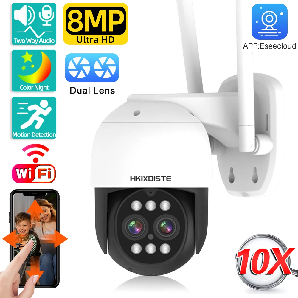 4K 8MP Бинокулярная IP-камера 2K 4MP WiFi PTZ-камера 2,8-12 мм с Двойным Объективом 10X Zoom Security CCTV Cam Обнаружение человека Наблюдение