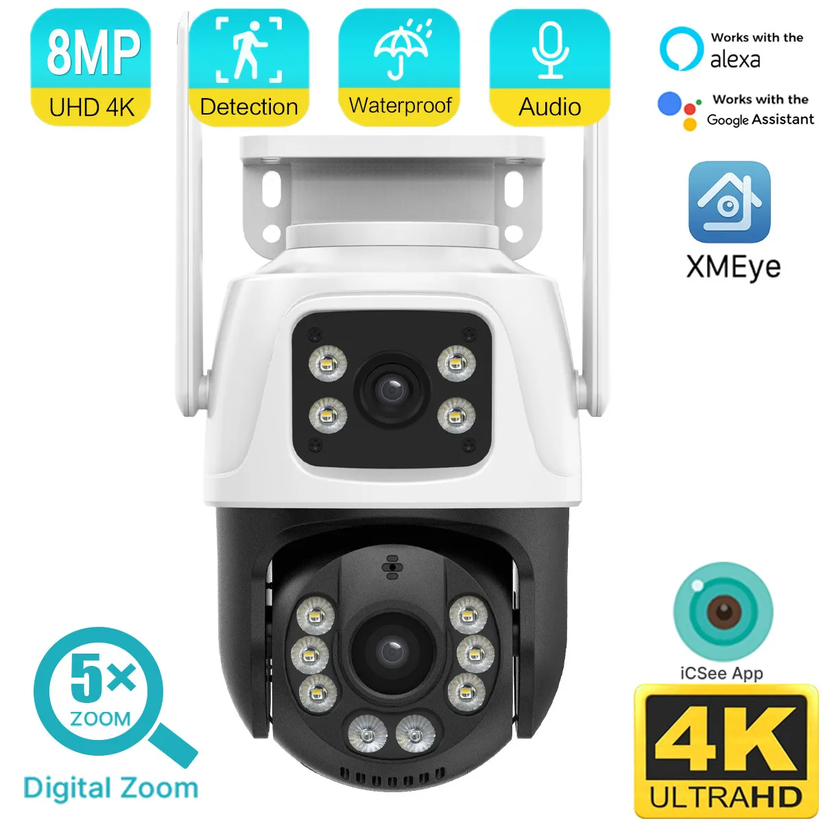 8MP 4K Двухобъективная Смарт-IP-Камера WiF Наружного Цветного Ночного Видения AI с Обнаружением человека Беспроводная Камера Видеонаблюдения PTZ