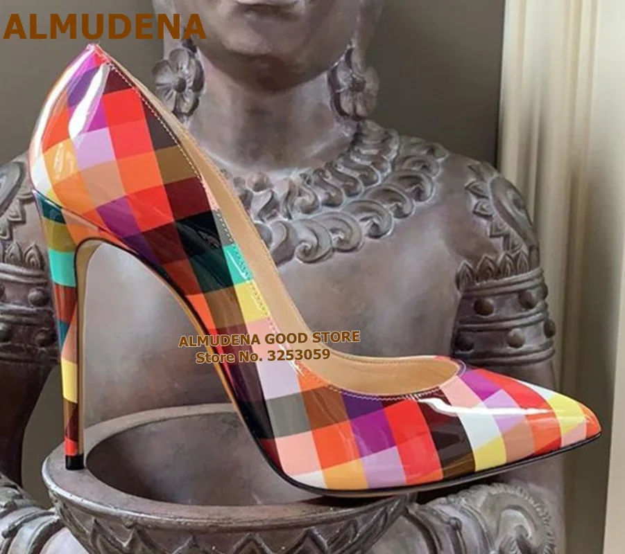 ALMUDENA/ Разноцветные клетчатые туфли на высоком каблуке, разноцветные туфли-гладиаторы в клетку 12-10 8 см, Свадебные туфли-лодочки без застежки, Размер 45