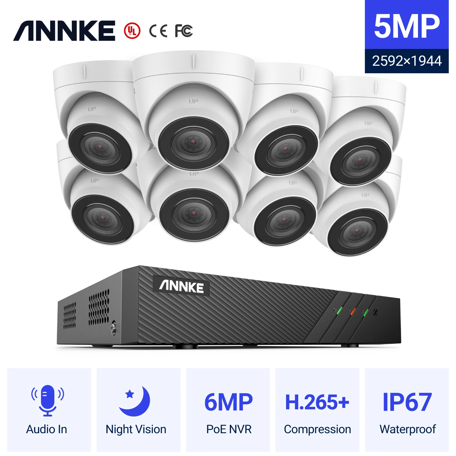 ANNKE 5MP FHD POE Система видеонаблюдения 8CH 6MP H.265 + Видеорегистратор 5MP Камера Безопасности Аудиозапись 8X5MP PoE IP-камера