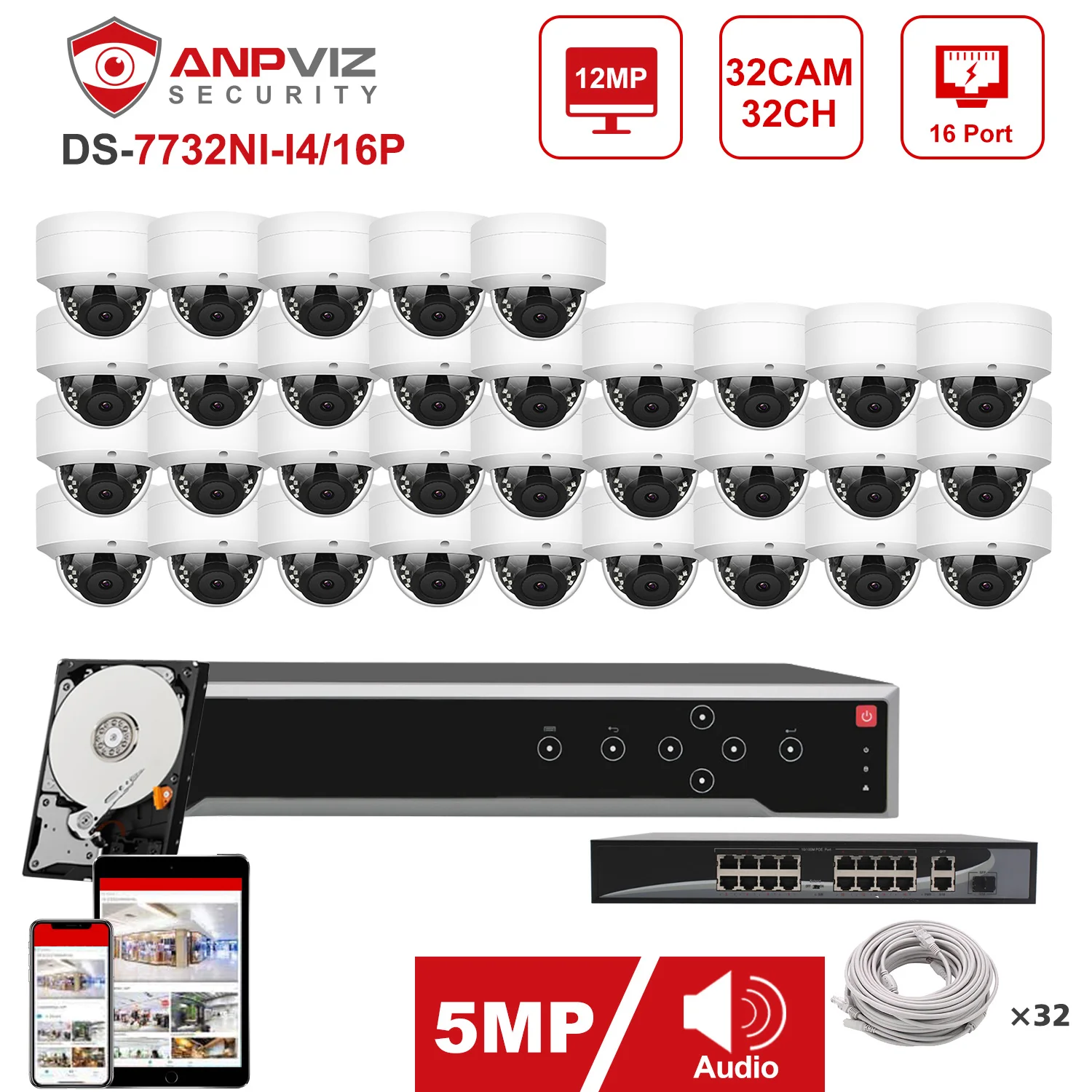 Anpviz NVR 32CH 4K Комплект 32шт 5MP POE IP-камера Система Внутренней/Наружной IP-камеры CCTV Система Безопасности IP66 30m Защита Безопасности
