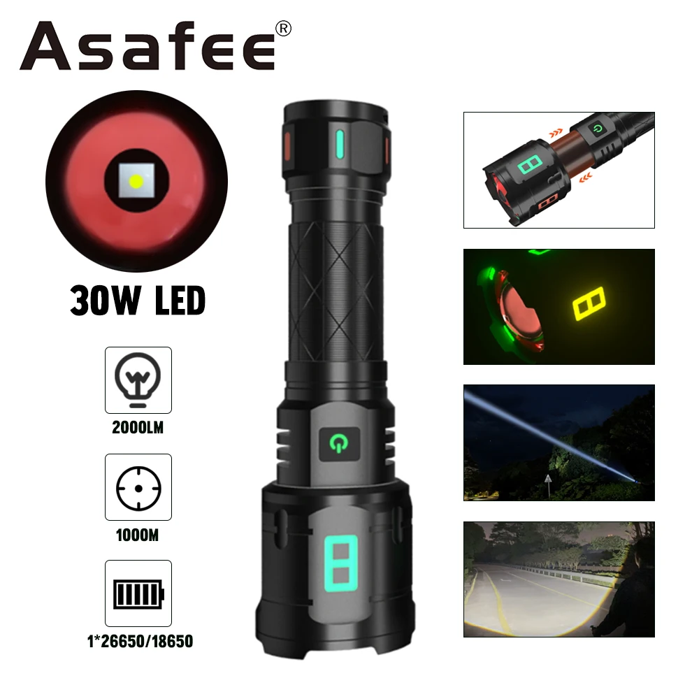 Asafee JF025 Светодиодный Фонарик 30 Вт Белый Лазерный Ручной Фонарь 5800LM Handlight IPX5 Водонепроницаемый USB Перезаряжаемый Светильник Для Наружного Освещения