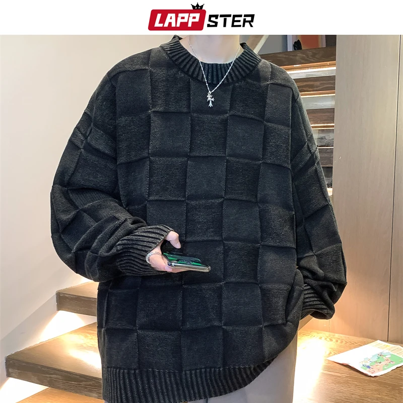 LAPPSTER Y2k High Street Harajuku, Вязаный свитер Оверсайз 2023, Зимние Графические квадратные Пуловеры, Корейские модные базовые свитера