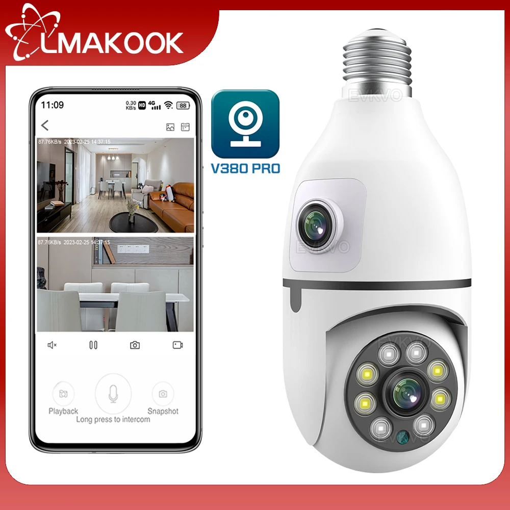 LMAKOOK 6MP Двухобъективная Лампа E27 PTZ WiFi Камера Для помещений 4MP Двойной экран Автоматическое Отслеживание Безопасности Камера видеонаблюдения V380 PRO