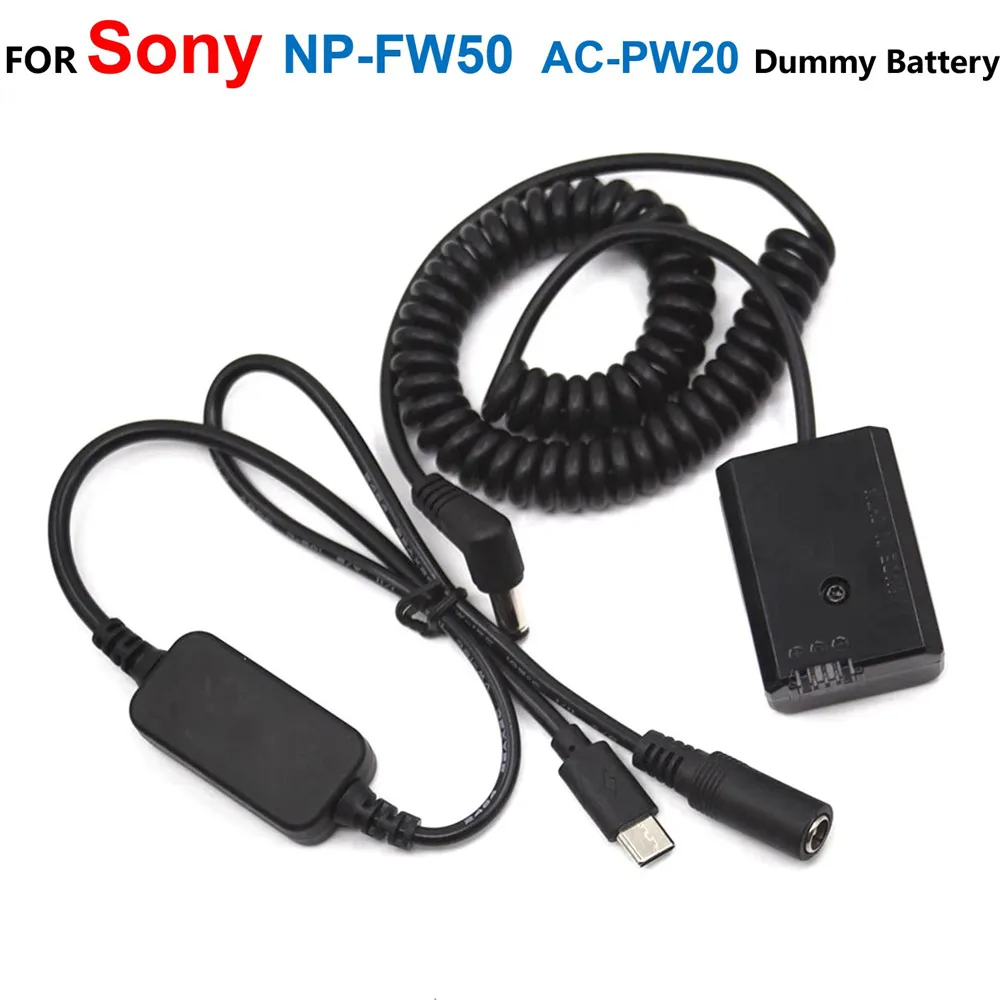 NP-FW50 AC-PW20 Фиктивный Аккумулятор + USB Type-C Пружинный кабель Питания для Sony NEX-F3 NEX-5R NEX-6 A3500 A5000 A6000 A7R A7S ZV-E10 RX10