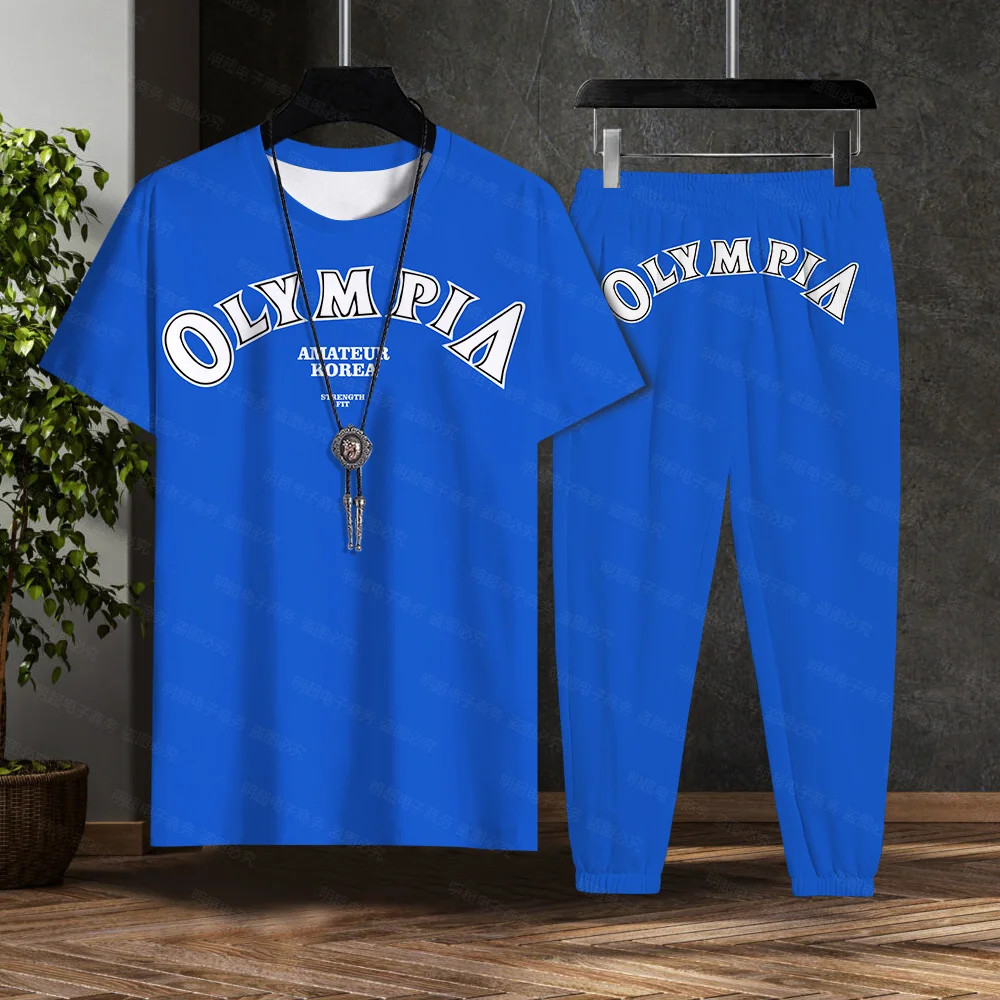 OLYMPIA Высококачественная спортивная рубашка с принтом, Спортивная футболка, Мужские брюки для бега с коротким рукавом, Комплект для тренировок, Свободные для фитнеса, Плюс Si
