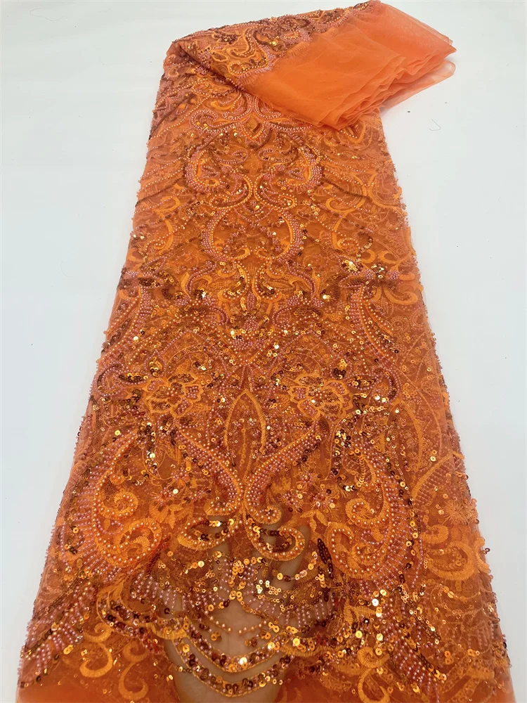 Orang Высококачественная изысканная африканская кружевная ткань ручной работы с бисером и блестками, французская кружевная ткань с вышивкой для нигерийской свадьбы