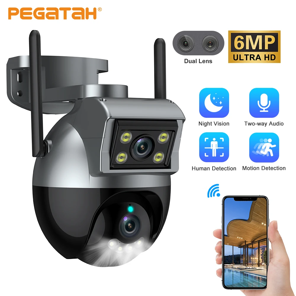 PEGATAH 6-мегапиксельная Двухобъективная Wifi PTZ Камера Наружного Автоматического Слежения За Цветом Ночного Видения Камеры видеонаблюдения Домашней Безопасности