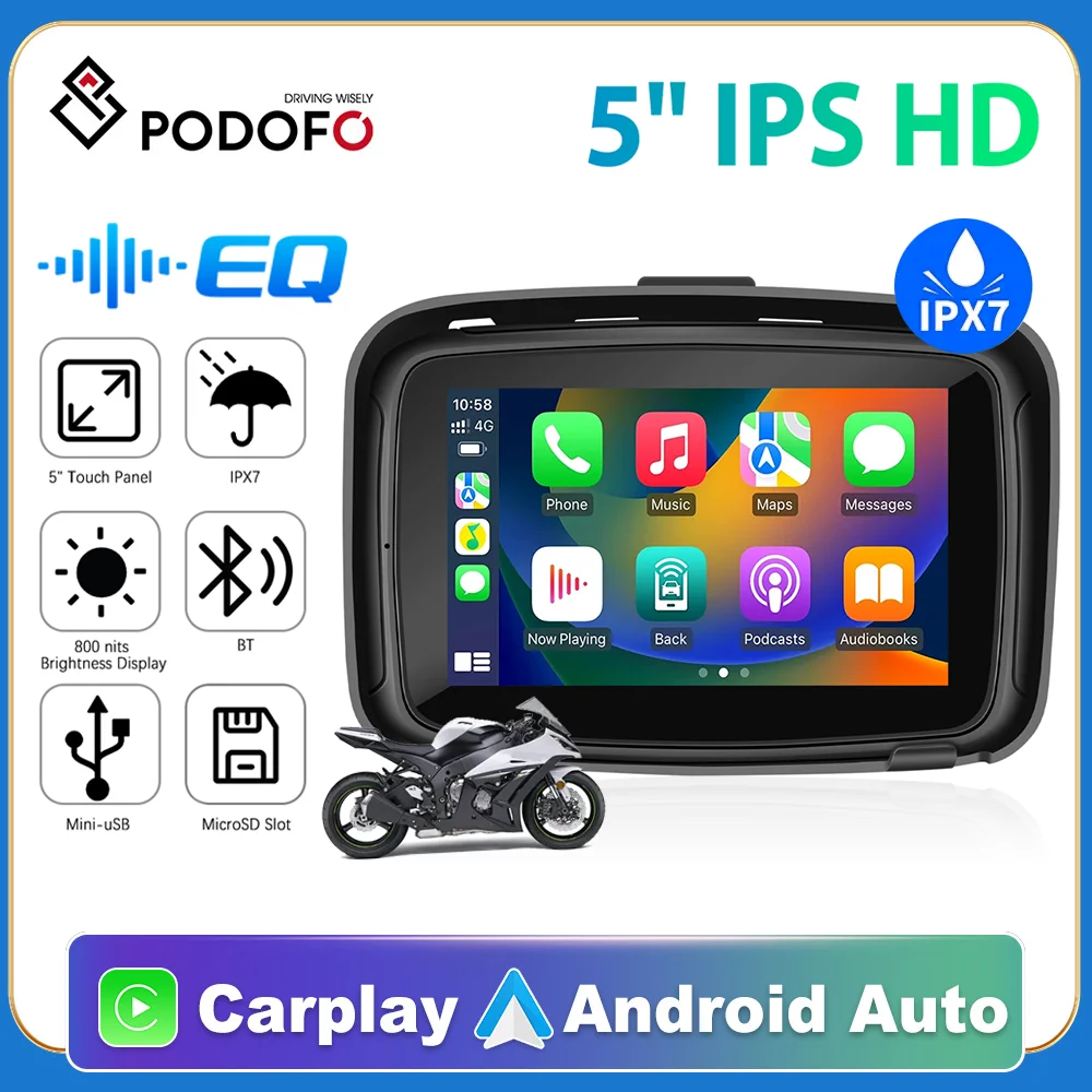 Podofo 5-дюймовый мотоциклетный Беспроводной Apple Carplay Android Auto, Портативный навигационный GPS-экран, Водонепроницаемый дисплей для мотоцикла IPX7
