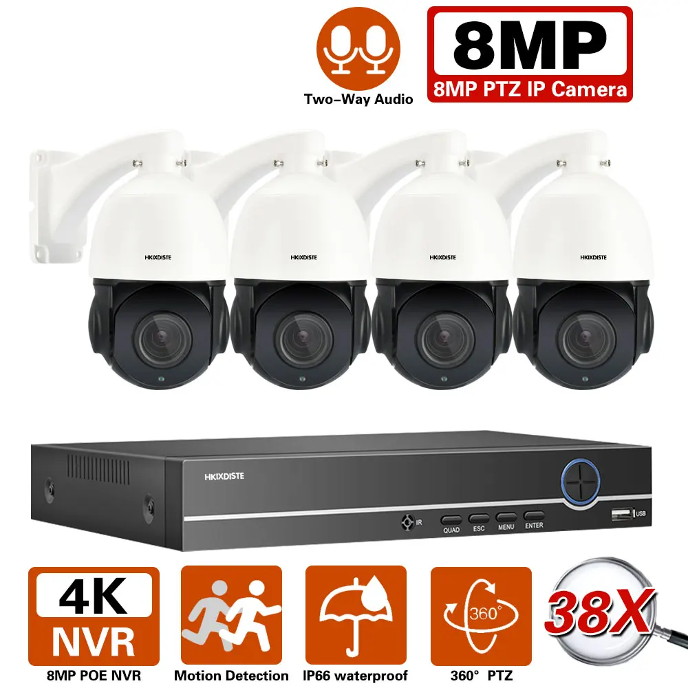POE CCTV Камера Комплект Системы Безопасности PTZ 4K 8CH NVR Комплект Автоматического Отслеживания 38-Кратный Зум Двухстороннее Аудио 8-Мегапиксельная IP-камера Комплект Видеонаблюдения