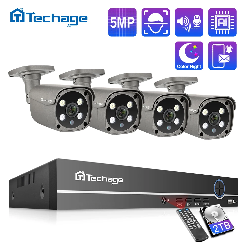 Techage H.265 8CH 5MP POE NVR Комплект Система Видеонаблюдения Двухстороннее Аудио AI IP Камера ИК Открытый Водонепроницаемый Комплект Видеонаблюдения