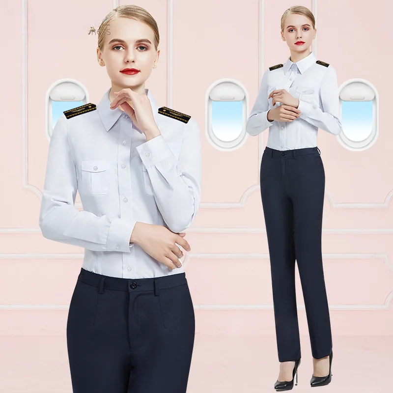 Авиационная Женская Форма Капитана Пилота, Белая Рубашка, Облегающий Значок Колледжа на плечо, Рабочая рубашка Стюардессы с Длинными рукавами