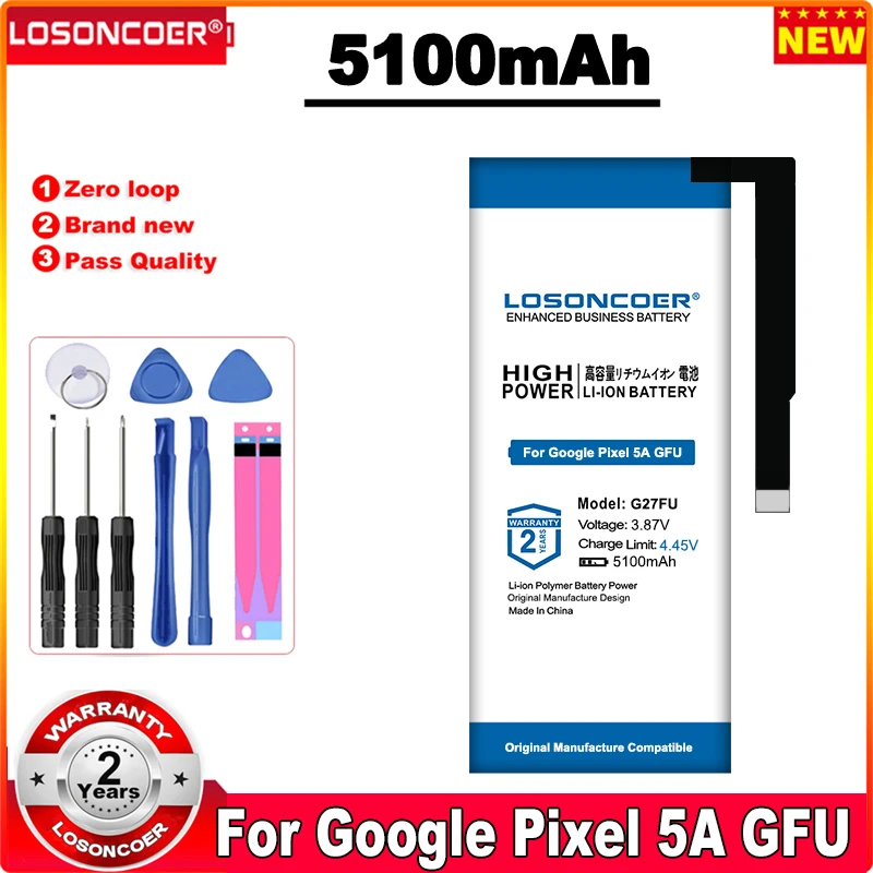 Аккумулятор LOSONCOER 5100 мАч G27FU для аккумуляторов Google Pixel 5A GFU