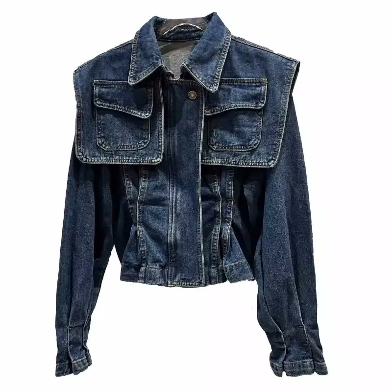 Весна 2023, женская джинсовая куртка с длинным рукавом и воротником-стойкой, Однобортное винтажное свободное короткое джинсовое пальто G2582