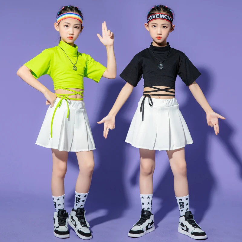 Детская одежда в стиле хип-хоп для подростков, Укороченная футболка на бретелях, Топы, Белая мини-юбка для девочек, одежда для джазовых танцев, Карнавальная одежда