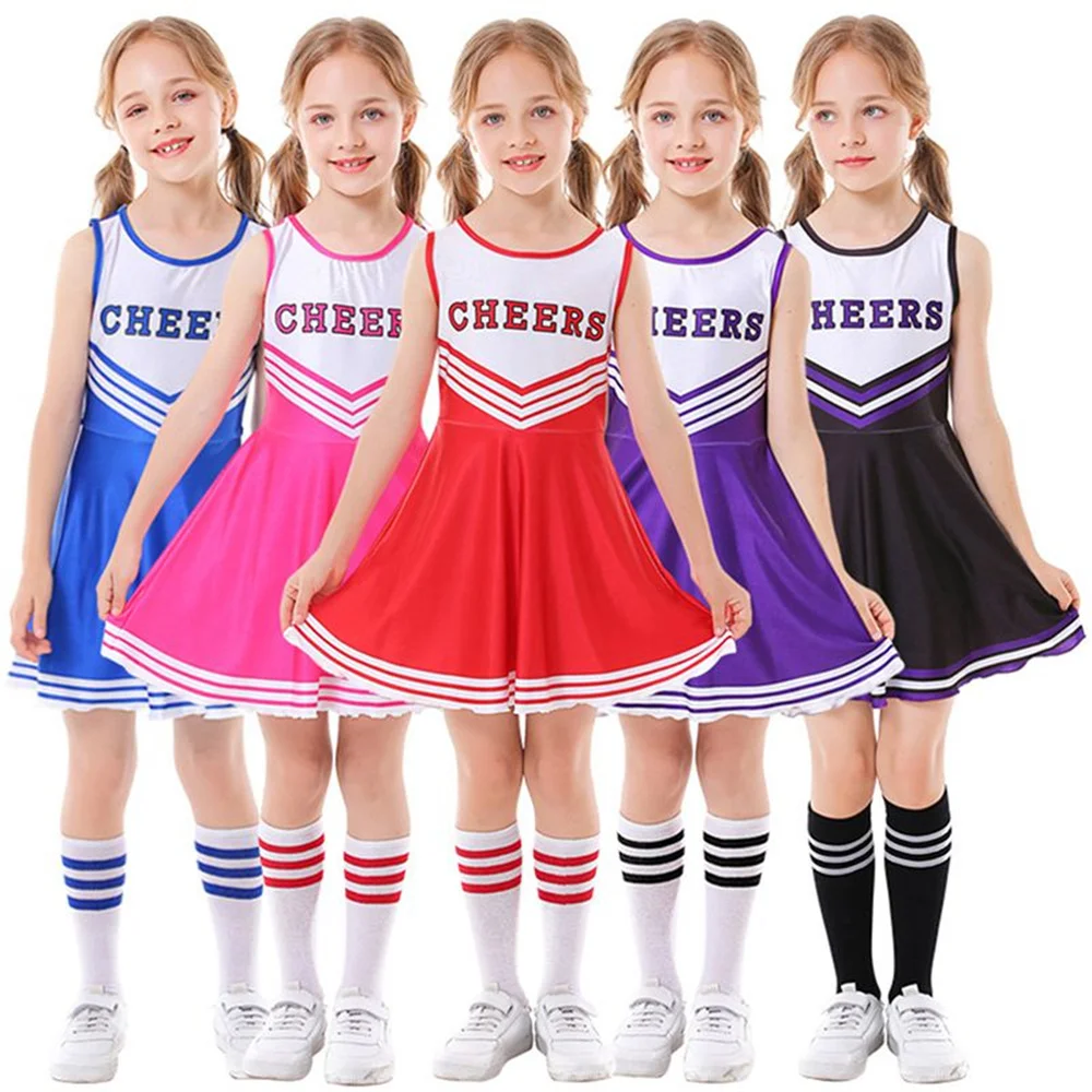 Детский костюм болельщицы, Школьная форма для девочек, Футбольное детское платье для болельщиц с носками и цветочным узором 
