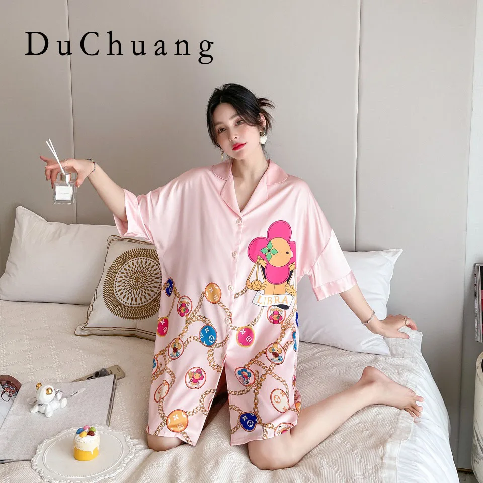 [Женская пижама] [высокого качества], Новые длинные брюки с коротким рукавом, комплект из ледяного шелка, корейская версия, пижама 