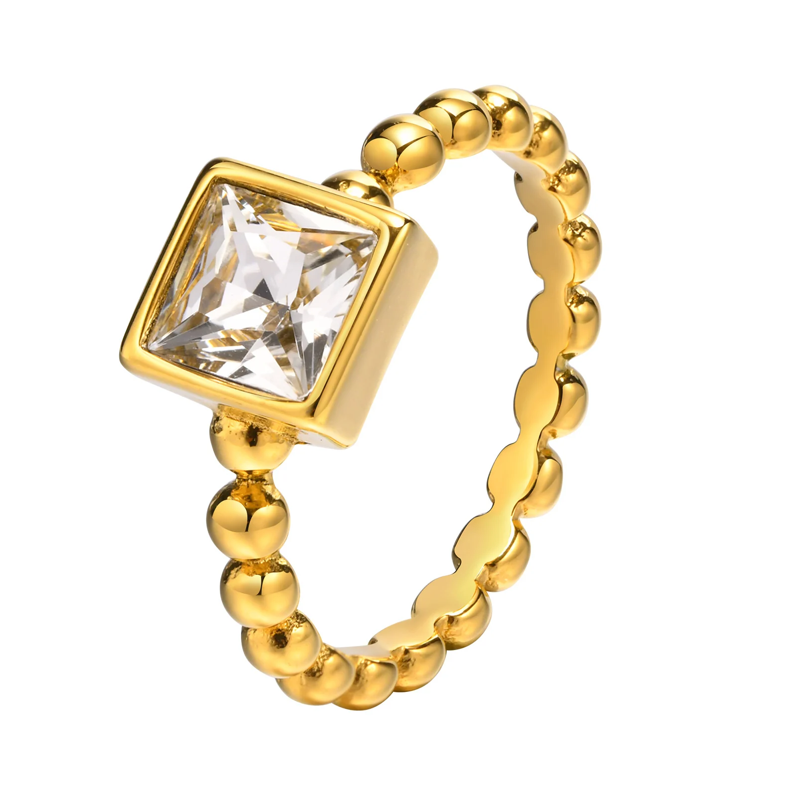 Кольцо-цепочка с квадратным кубическим цирконием, украшенное бисером, для женщин, обручальные обещанные кольца, аксессуары из нержавеющей стали