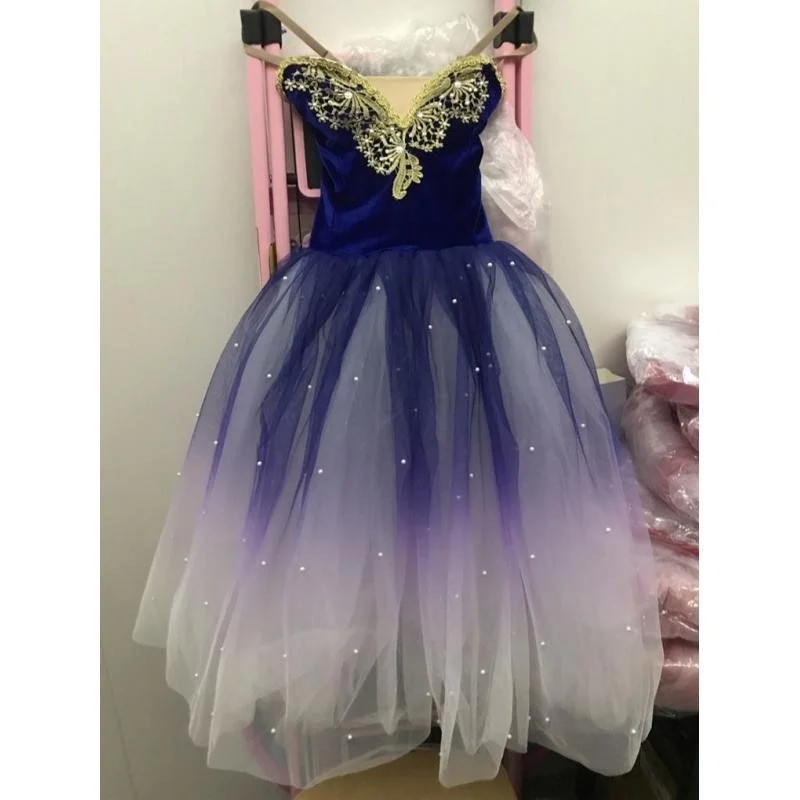 Королевское Синее платье Балерины, Балетная юбка для девочек, Длинное Танцевальное платье для детей, Женские костюмы для выступлений, Слинг для Танца Живота Для девочек