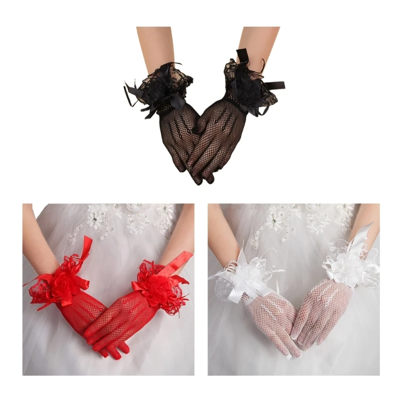 Короткие Сетчатые перчатки с цветком, прозрачные свадебные перчатки, кружевные перчатки для выпускного вечера 1950-х годов