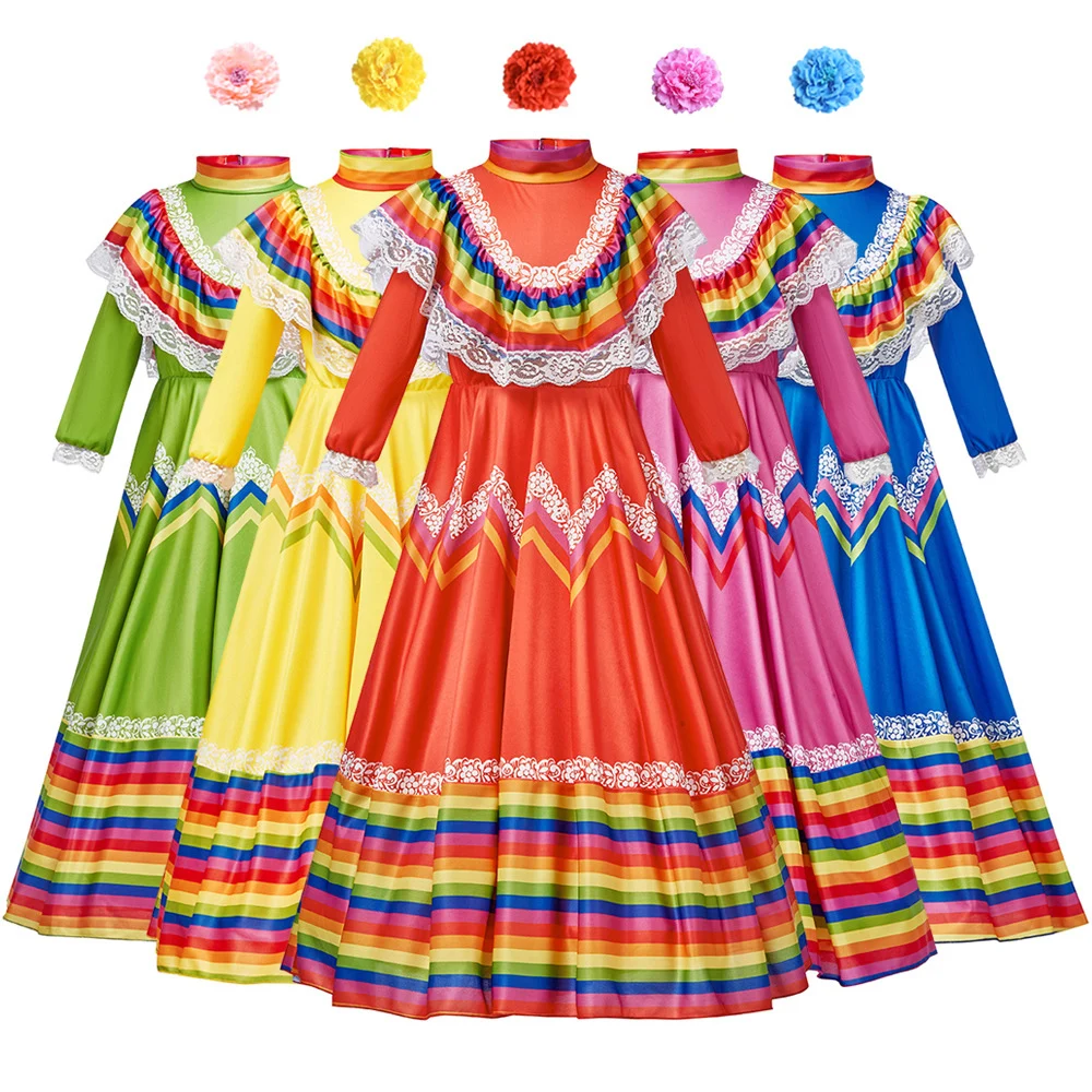 Костюм на Хэллоуин, традиционное мексиканское платье для девочек, длинная юбка для цыганского танца фламенко, Карнавал в честь Дня мертвых