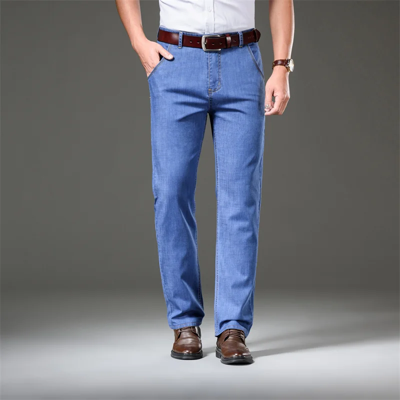 Летние мужские удобные мягкие джинсы, новинка 2023 года, мужские стрейчевые повседневные джинсовые брюки классического стиля