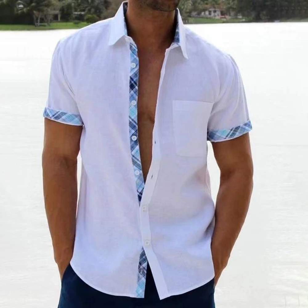 Летняя Мужская рубашка с короткими рукавами 2023, Стиль пляжного отдыха, Модный повседневный топ в клетку контрастного цвета в стиле ретро с лацканами, Мужская одежда