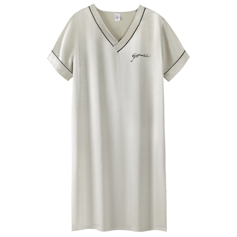 Летняя шелковая ночная рубашка для женщин, милое ночное платье для девочек, пижама с коротким рукавом и V-образным вырезом