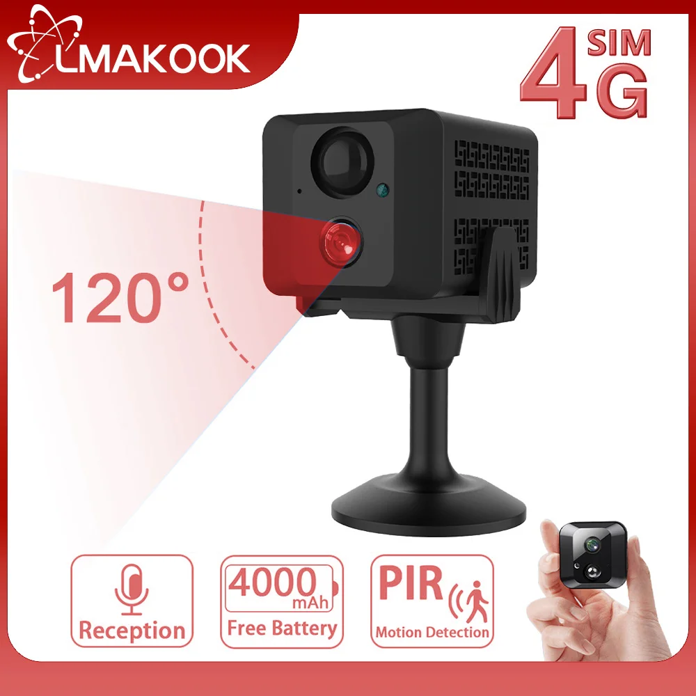 Мини-камера LMAKOOK 4K 8MP 4G PIR Обнаружение движения Встроенный аккумулятор 4000 мАч WIFI Камера видеонаблюдения ИК ночного видения