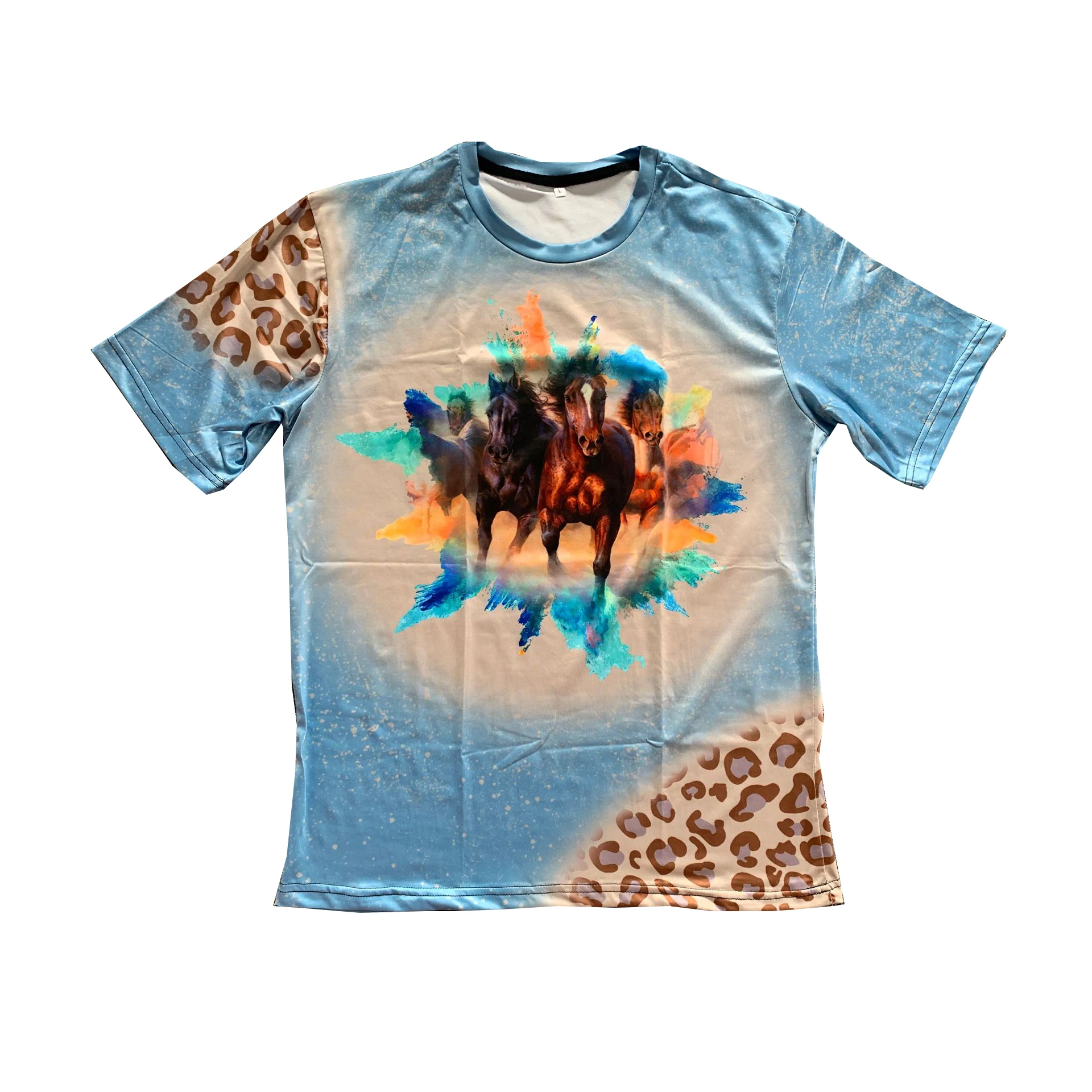 Модная одежда для мальчиков, платье с короткими рукавами и леопардовым принтом в виде лошади, Синяя детская футболка