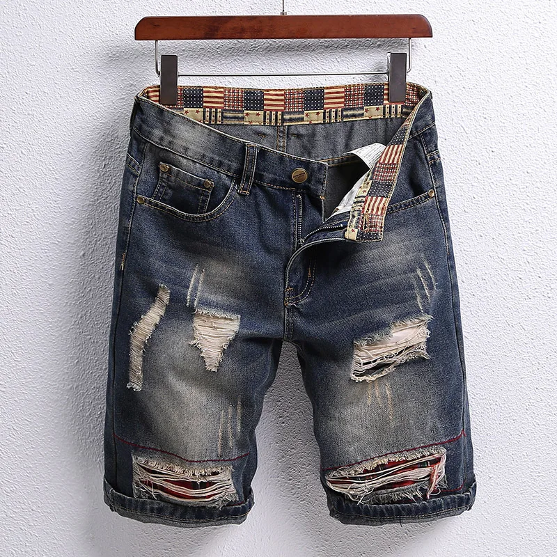 Модные Мужские джинсы в стиле Оверсайз с классическим дизайном для лета, Повседневные Винтажные Джинсы в стиле пэчворк, потертые Джинсы длиной до колен