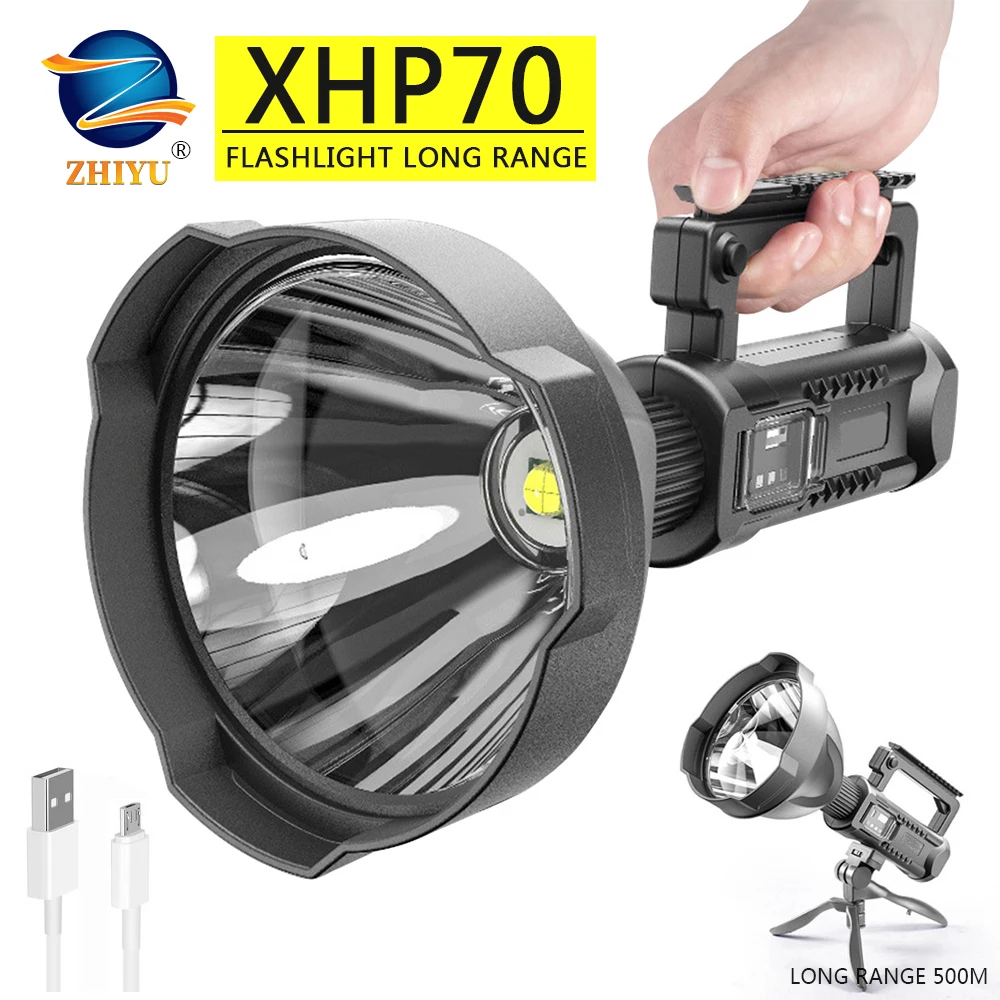 Мощный светодиодный фонарик Портативный фонарик XHP70, USB Перезаряжаемый прожектор, водонепроницаемый прожектор с базовым фонарем для рыбалки