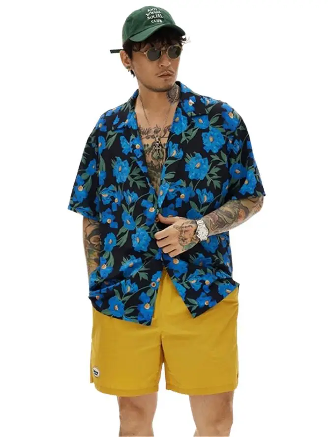 Мужская летняя Гавайская синяя рубашка с цветочным принтом Большого размера, Пляжная Тропическая Повседневная одежда для уличного отдыха в стиле Харадзюку