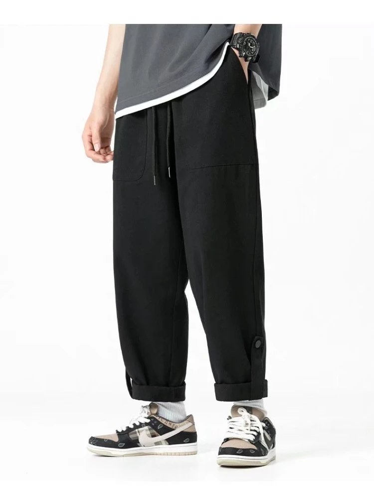 Мужские брюки-карго в японском стиле, Мешковатые широкие брюки, Уличная одежда, Повседневные Прямые Свободные брюки, черные Весенне-летние Модные