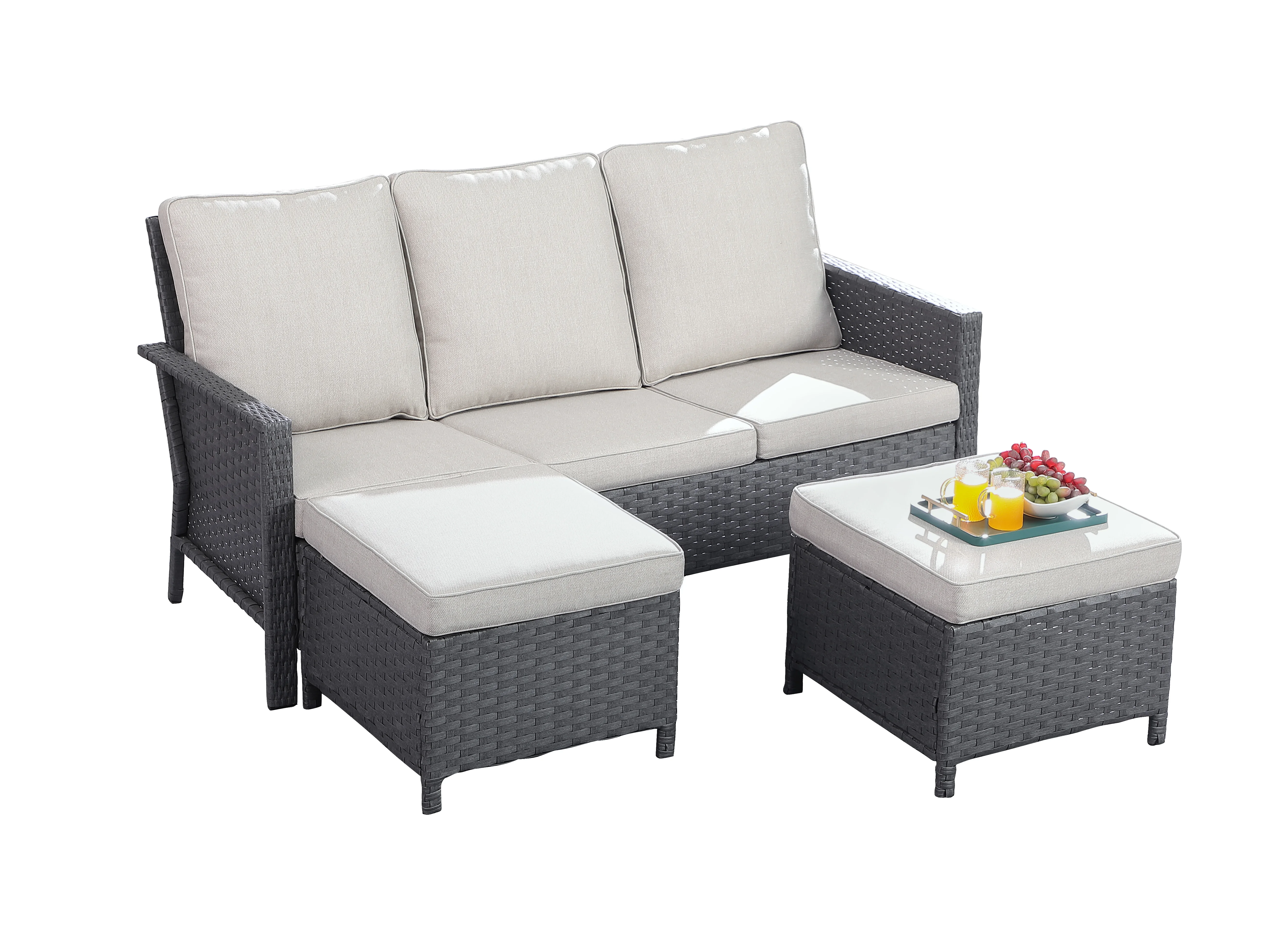 Набор мебели для патио из 3 предметов, плетеный секционный диван с табуреткой для хранения