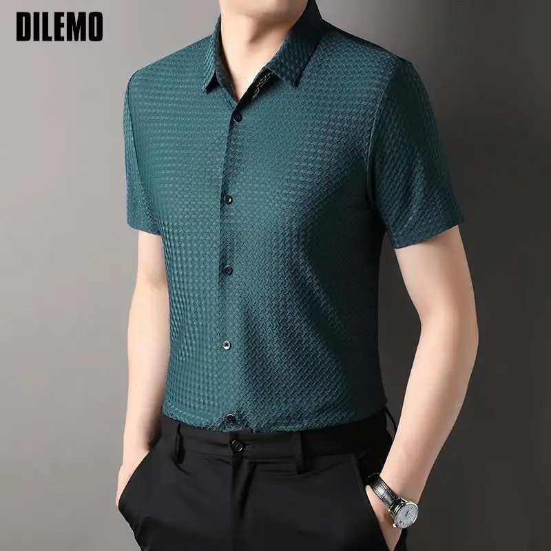 Новая летняя брендовая роскошная приталенная рубашка высшего качества для мужчин, Стильная повседневная мужская одежда с коротким рукавом