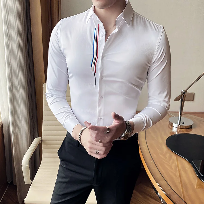 Новая стильная мужская Повседневная рубашка с длинными рукавами и индивидуальной вышивкой в цветную полоску