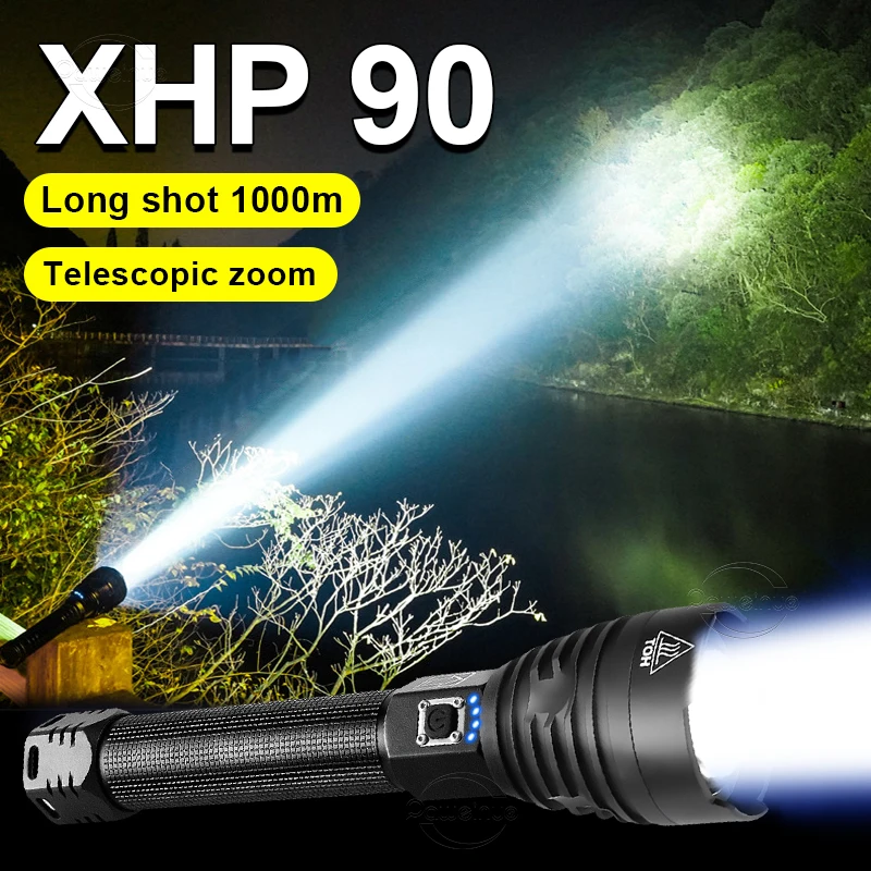 Новейший светодиодный фонарик XHP90 с высокой яркостью, масштабируемый мощный перезаряжаемый фонарик 18650 или 26650, ручная кемпинговая вспышка