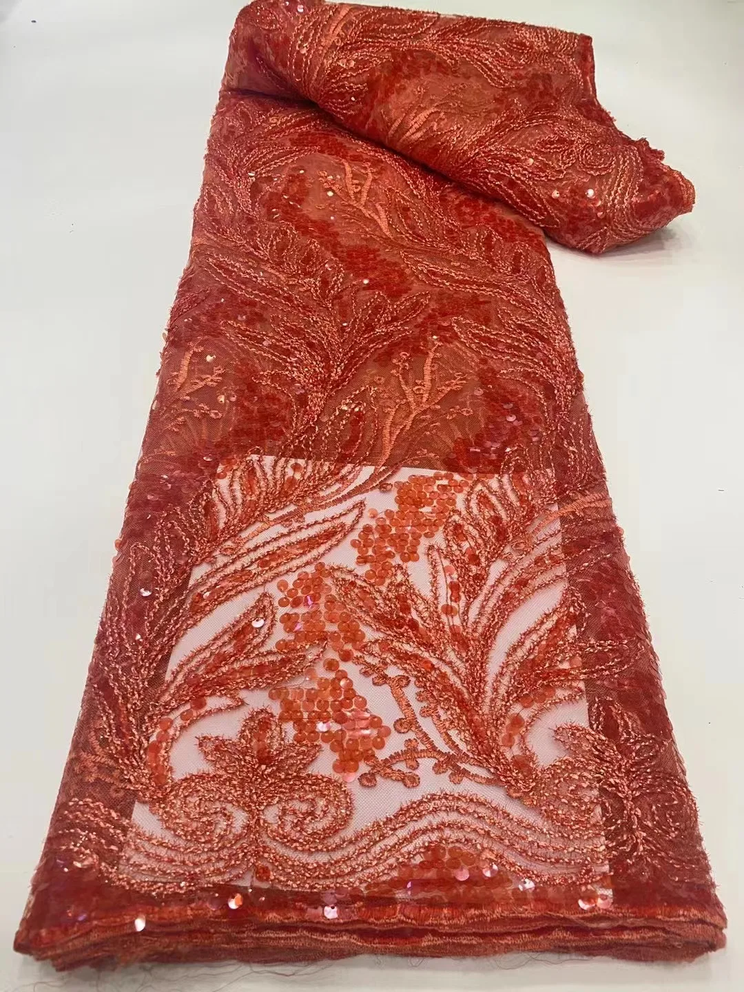 Оранжевый Высококачественный Африканский Нигерийский французский Тюль, полностью расшитый блестками, Роскошная кружевная ткань для свадебных платьев 