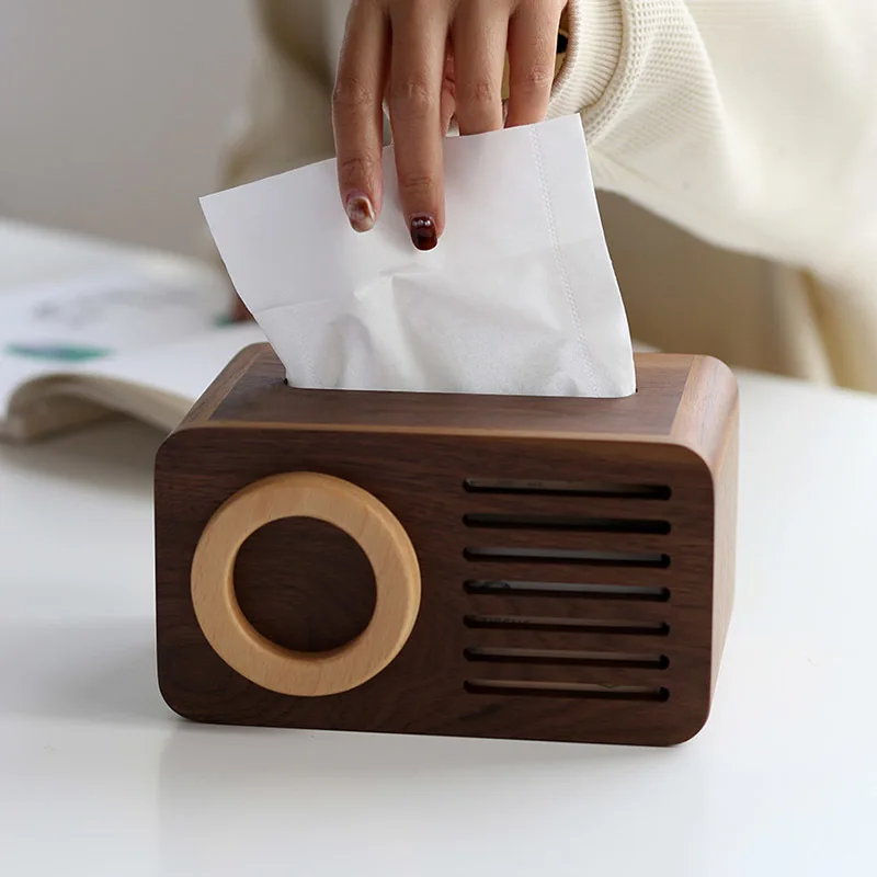 оригинальность Ретро Коробка для извлечения бумаги из цельного дерева черного ореха, коробка для салфеток большого размера, оригинальный дизайн радиоприемника для бумажных полотенец в стиле ретро