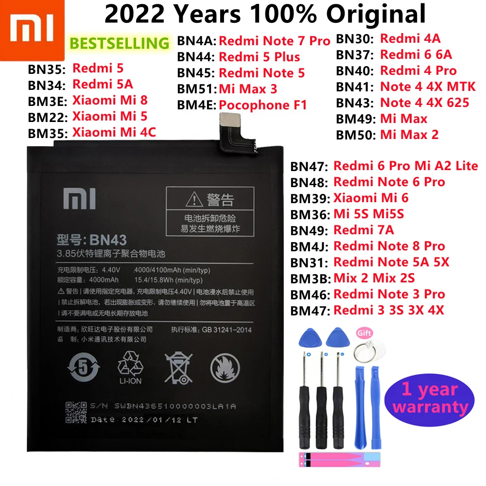 Оригинальный Новый Аккумулятор Для Xiaomi Mi Redmi Note Mix Max 2 3 A3 3S 3X 4 4X 4A 5 5A 5S 5X M5 6 6A 7 7A 8 8T 9 SE Pro Plus Lite
