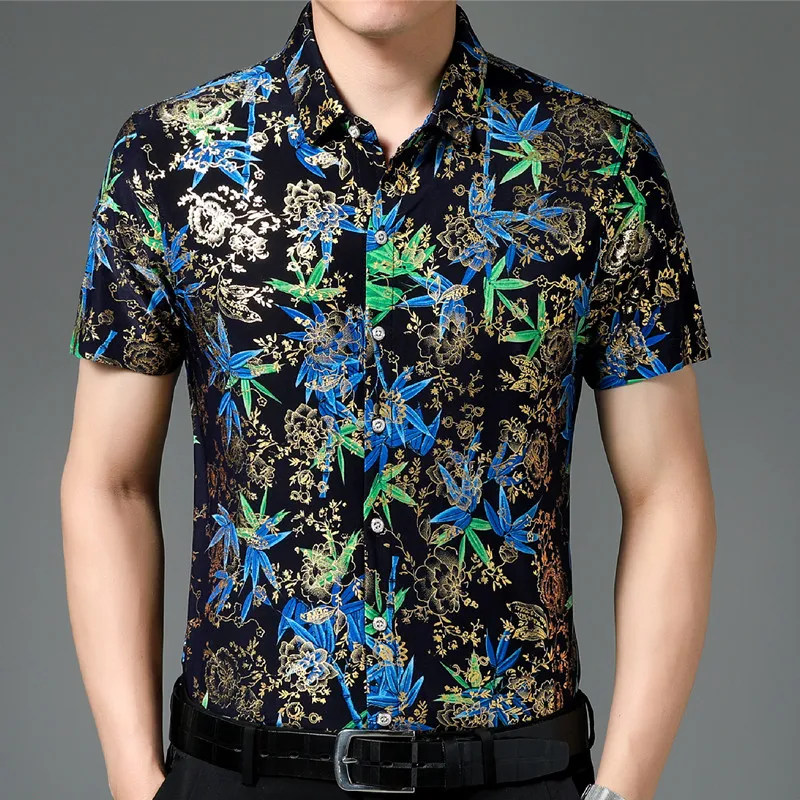 Повседневные рубашки из 80% Шелка В гавайском стиле, Мужские Рубашки с коротким рукавом с обеих сторон, Китайский Национальный Цветок 2023, Пляжная летняя одежда