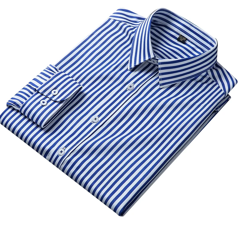 Полосатые мужские рубашки с длинным рукавом, не содержащие железа, качественная эластичная деловая мужская официальная рубашка, повседневная без переднего кармана, Новинка 2022 года