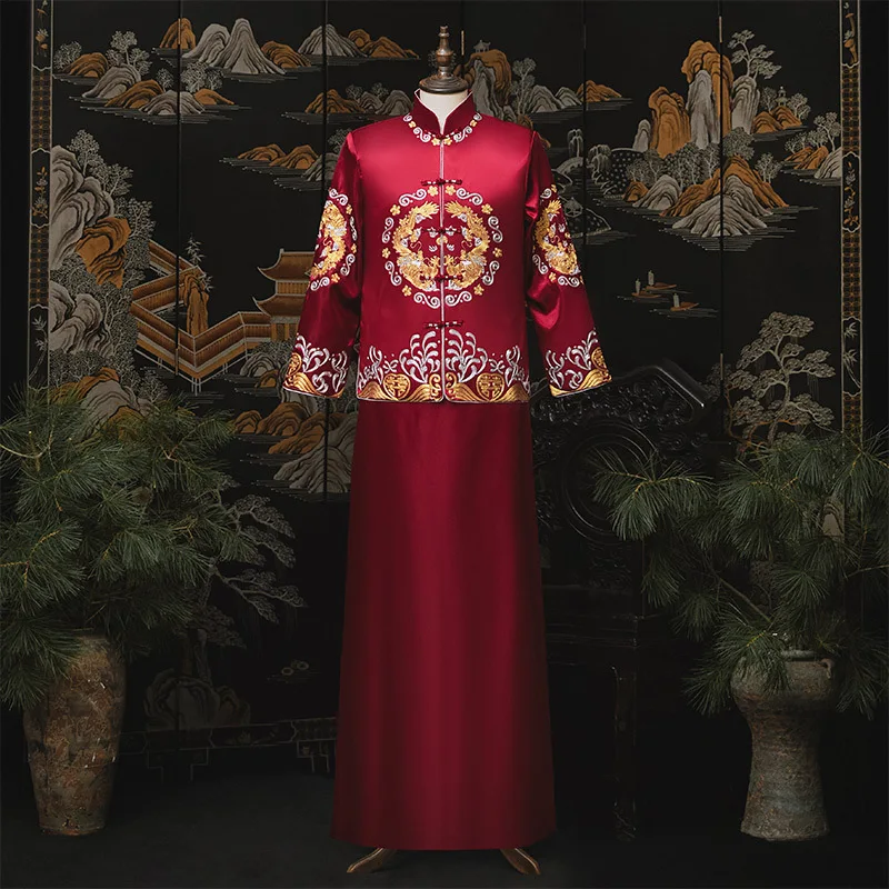 Старинное китайское свадебное платье Жених Традиционное китайское свадебное платье Мужчины Жених Халат для тостов Танский костюм Дракона