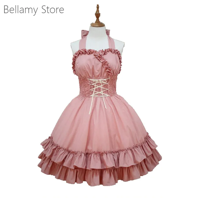 Сшитое для вас Готическое платье в стиле Лолиты, Розовые хлопковые Бретельки, Без рукавов, Милая юбка в стиле Лолиты с Воланами