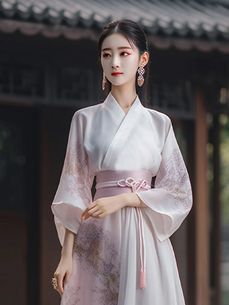 Традиционное китайское платье Hanfu Женская одежда Улучшенная версия Розовая юбка с лошадиным лицом, Плиссированная юбка, Повседневный комплект, Лето